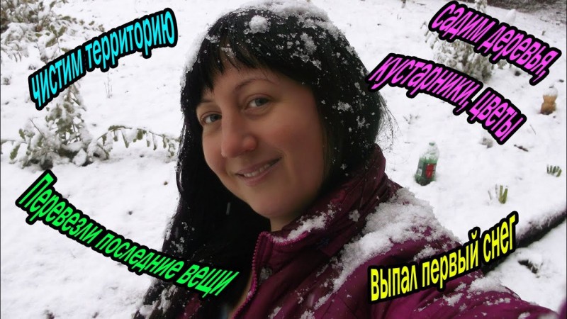 Перевезли последние вещи, чистим территорию, садим деревья, кустарники, цветы, выпал первый снег...